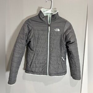The North Face Reversible Quilted Plush Fleece Coat Gray / Aqua Girl’s M 10/12
